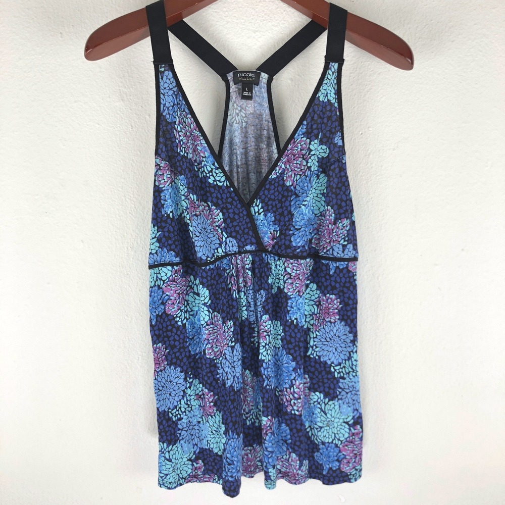 Nicole Miller Floral Racerback Tank Top Blue Purple Empire Waist L Y2K Artsy Mod